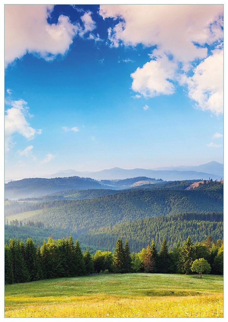 Wallario Premium Glasbild, freischwebende Optik, kräftige Farben, Größe 100 x 70 cm Motiv Berglandschaft im Gebirge unter blauem Himmel