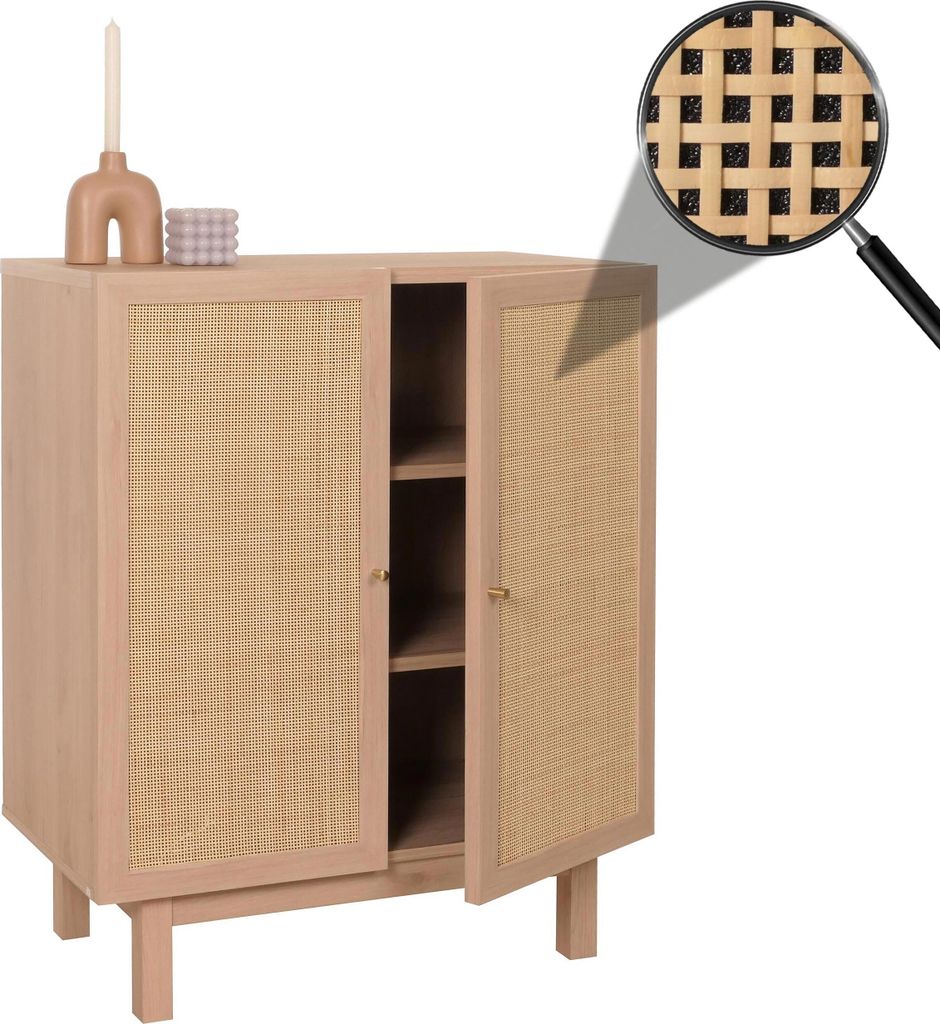 Highboard HWC-M51, Kommode Schrank Sideboard, Staufächer, Kubu Rattan 98x79x42cm natur