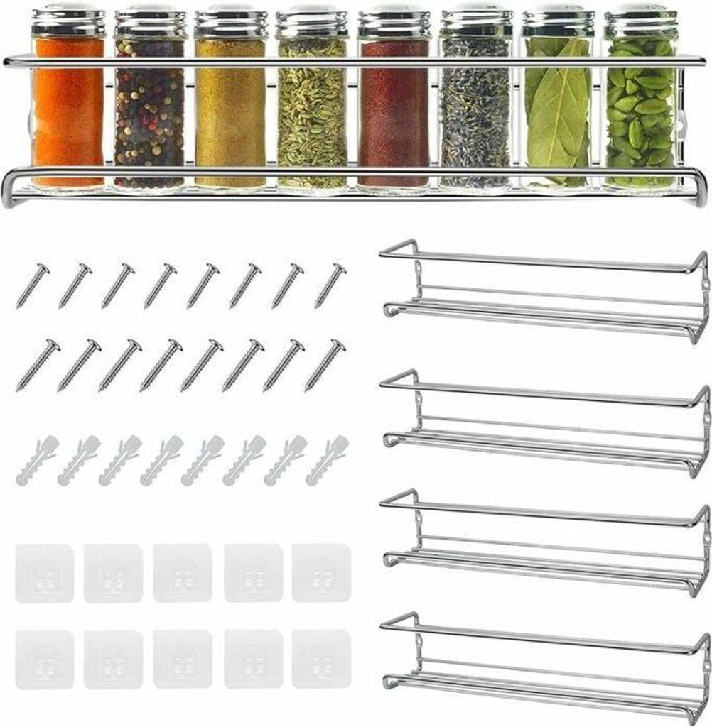 4-teiliges Gewürzregal aus Metall für die Küche (ohne Bohren), selbstklebendes Wandregal für die Küchenarbeitsplatte, Tür