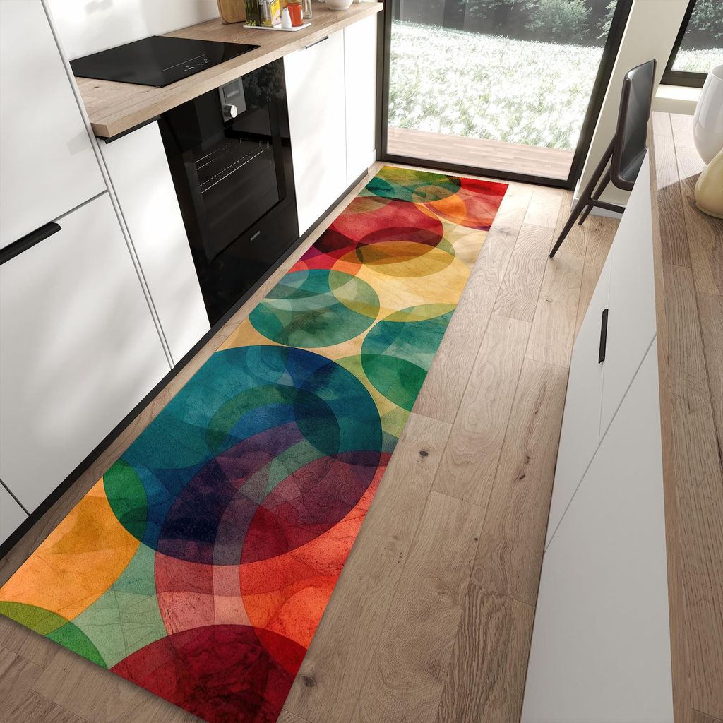 Küchenteppich 80x300cm rutschfest & abwischbar PVC Läufer - Farbenfrohe Kreise