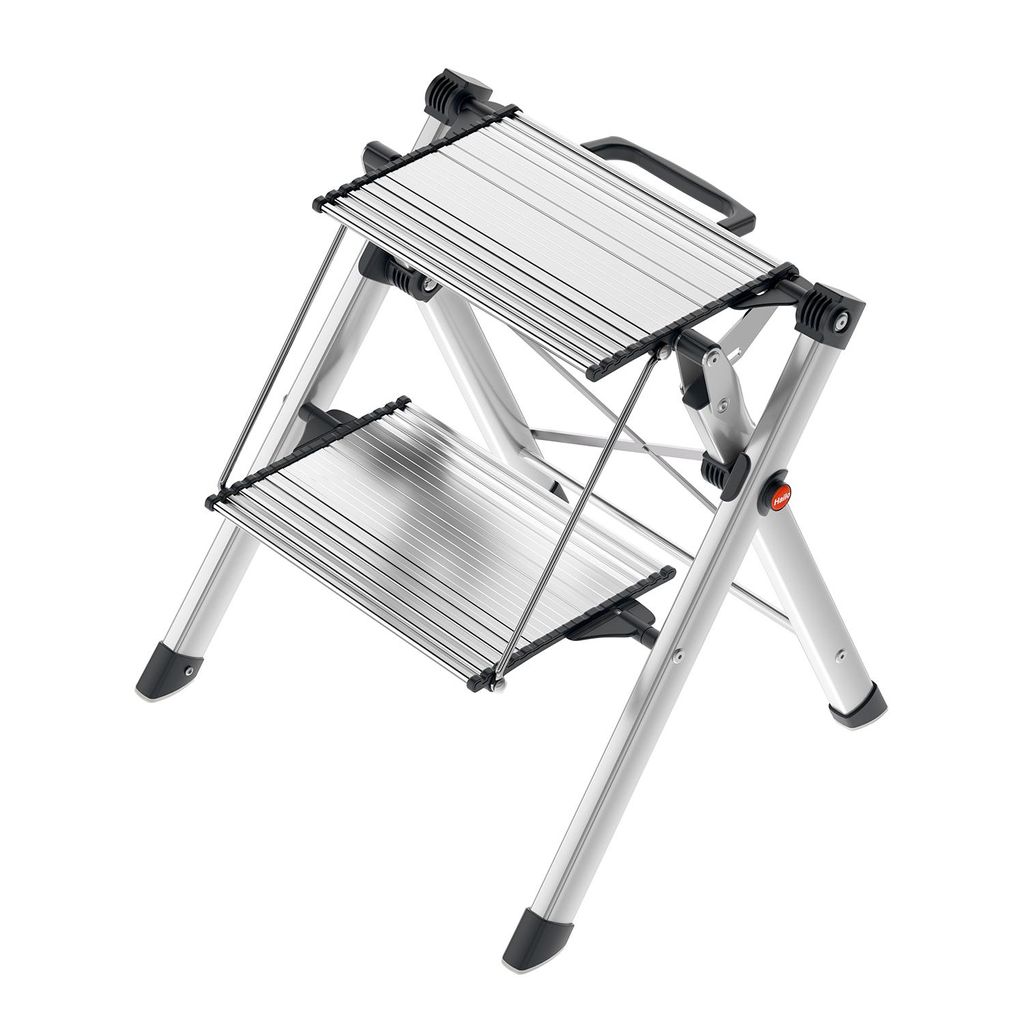 Hailo MK80 ComfortLine Alu-Klapptritt-Leiter - 2 große Stufen bis 150 kg - Komfort-Trittleiter mit Tragegriff mit integrierter Entriegelungsfunkti...
