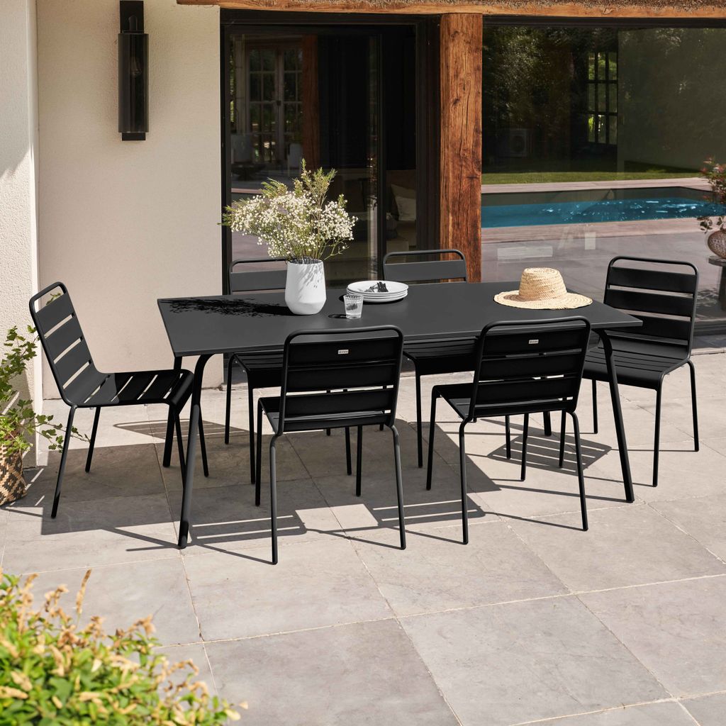 Gartentisch und 6 Metallstühle schwarz - Oviala Palavas