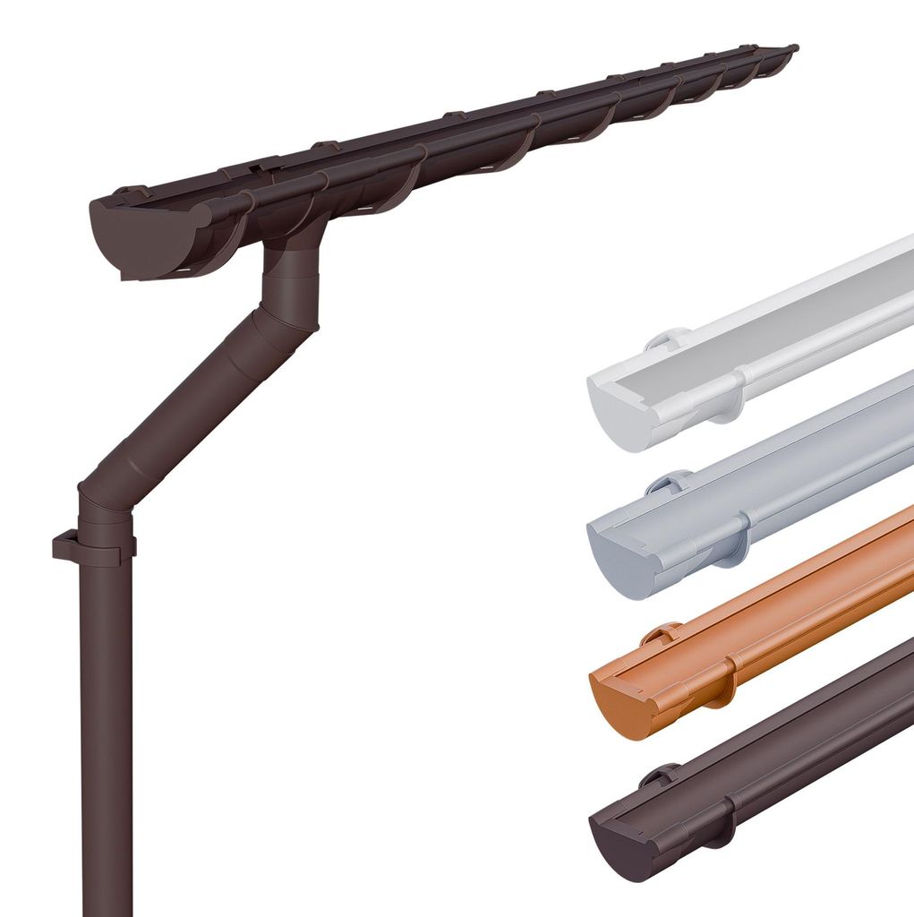 INEFA Dachrinnen Set Kunststoff NW125 / 125mm halbrund Dunkelbraun 4m – Regenrinne Dachrinne Fallrohr Set PVC für Gartenhaus und Carport