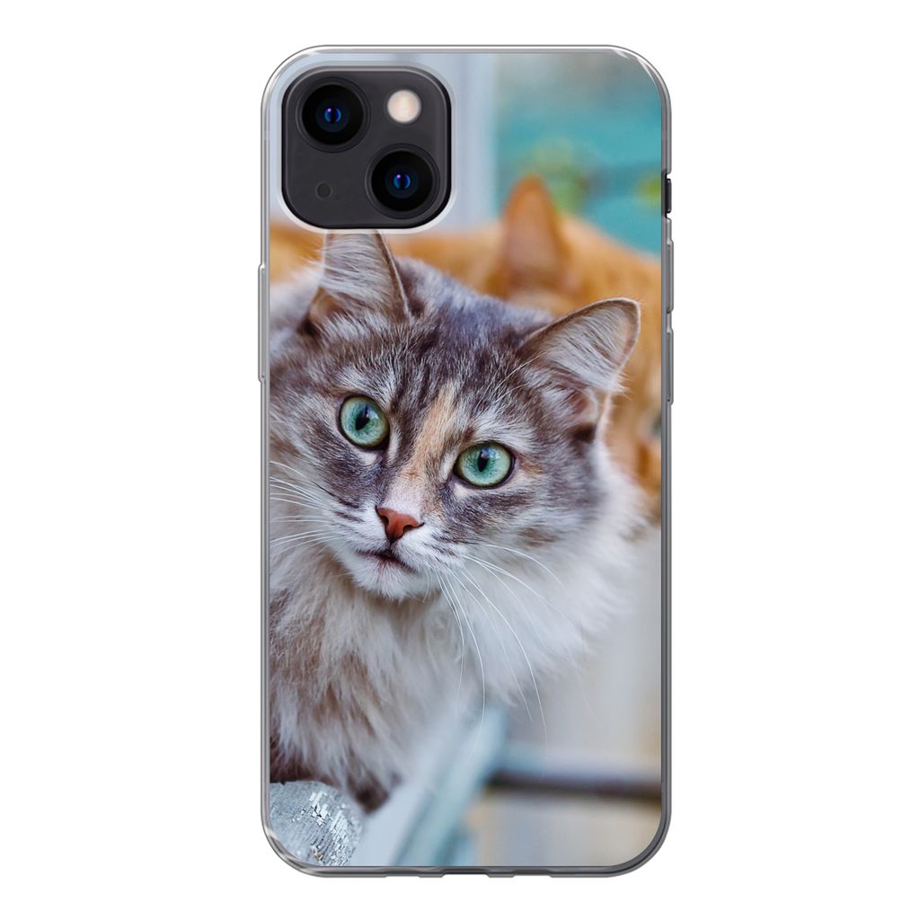 MuchoWow Handyhülle Schutzhülle Hülle für iPhone 13 Katze - Fenster - Katzen Silikon Softcase Handy Hülle - Karteninhaber
