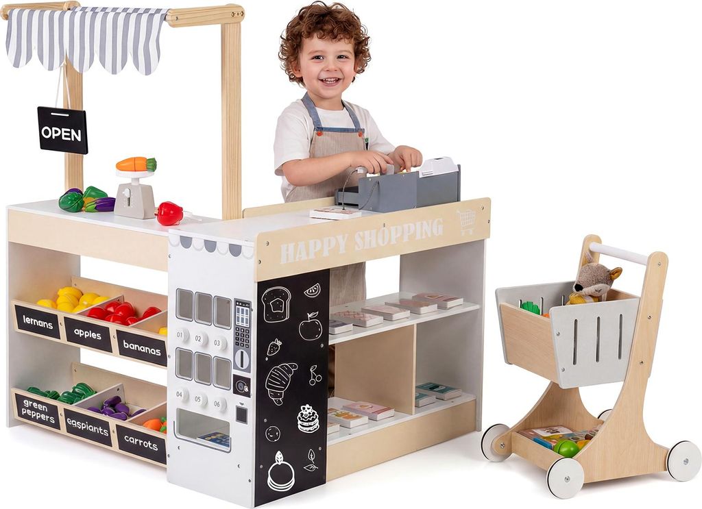 COSTWAY Kinder Kaufladen, Kaufmannsladen Holz mit Einkaufswagen, Verkaufsautomat Spielzeug, Kasse, Ladentheke, Schiefertafeln, Regal, für Kinder 3+