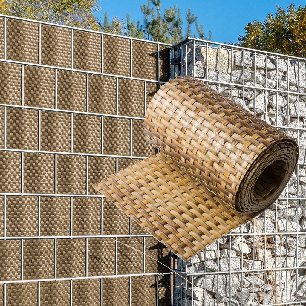 NYVI Polyrattan Sichtschutzstreifen Privafence Braun und Beige 255 x 19 cm 5 Rollen (12,75 Meter) - SPARSETS - Sichtschutz für Doppelstabmatten Za...