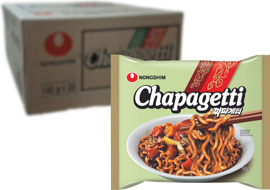 A package of Nongshim Chapagetti instant noodles is shown next to a box of the same product.