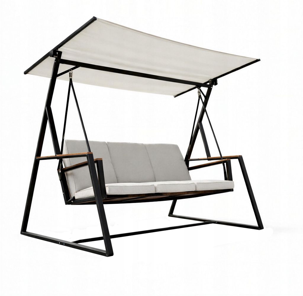 Freistehende Gartenschaukel 3-Sitzer mit Sonnendach, Stahl, beige, 200 cm