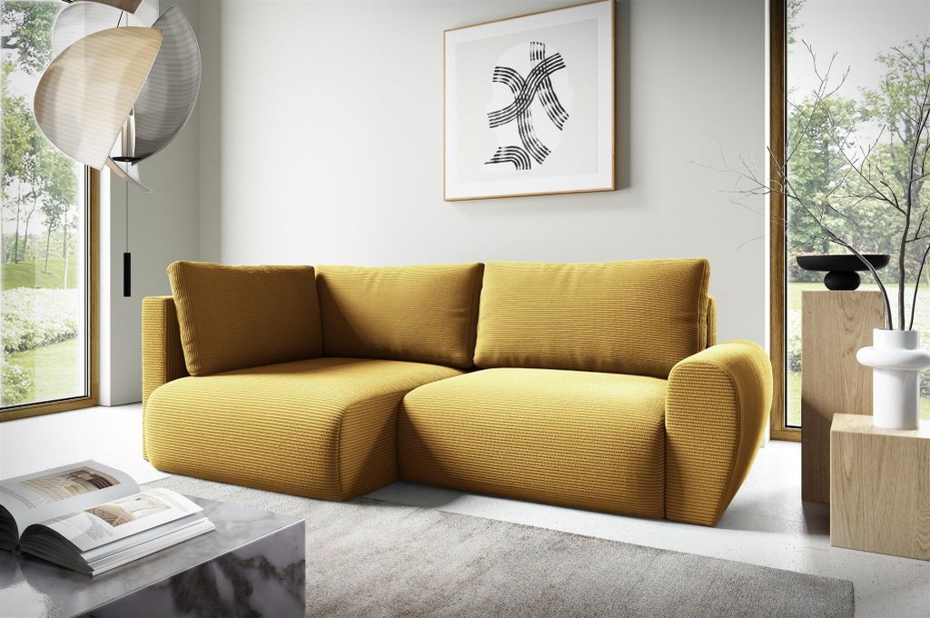 Ecksofa Schlafsofa GALAN MINI Stoff Poso Honiggelb Ottomane Links