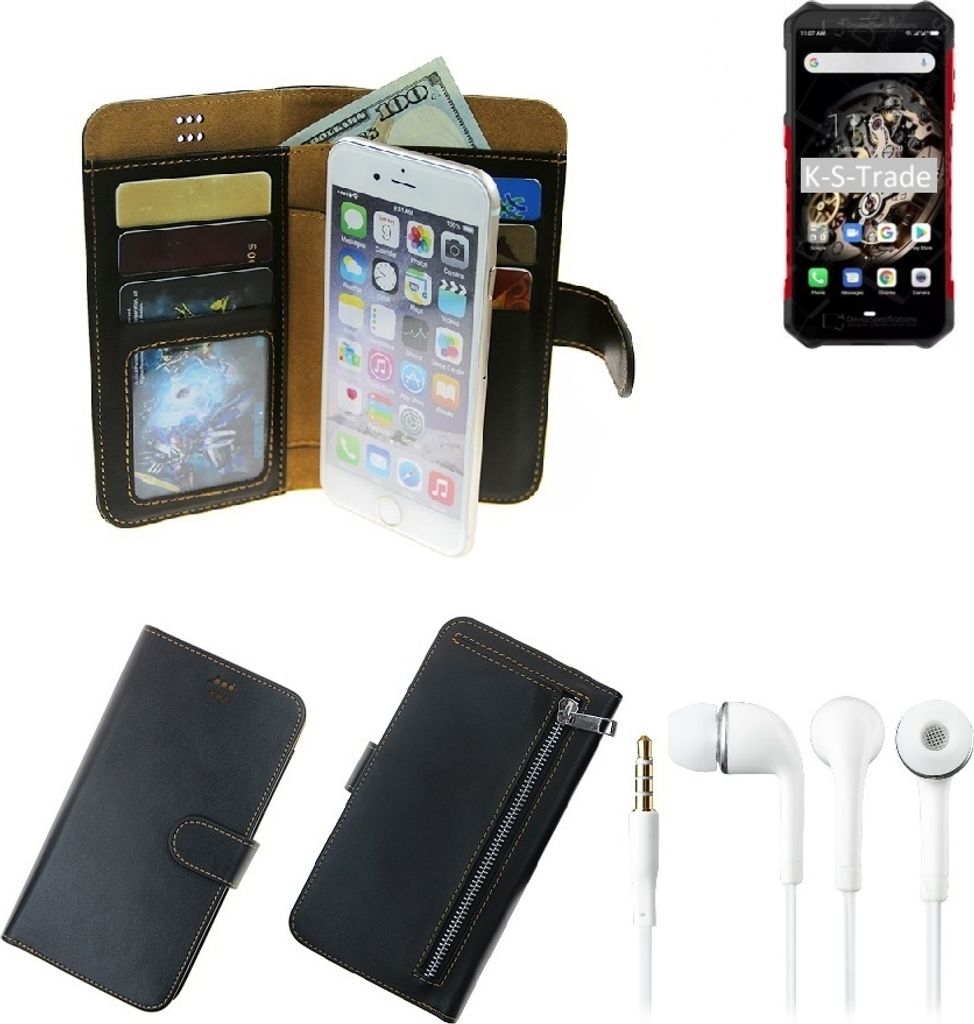 TOP SET Portemonnaie Schutz Hülle kompatibel mit Ulefone Armor X5 schwarz aus Kunstleder + Kopfhörer Walletcase Smartphone Tasche vollwertige