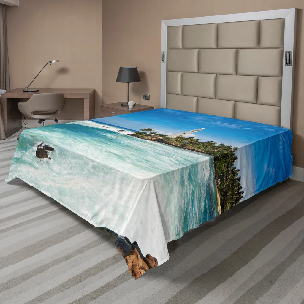 Drap plat anti-décoloration motif Phare Tropical pour lit 244x205 cm