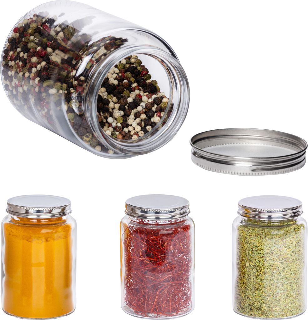 4-tlg. Gewürz-Gläserset Doria 520 ml bauchiges Vorratsglas mit Schraub-Deckel silber Gläser