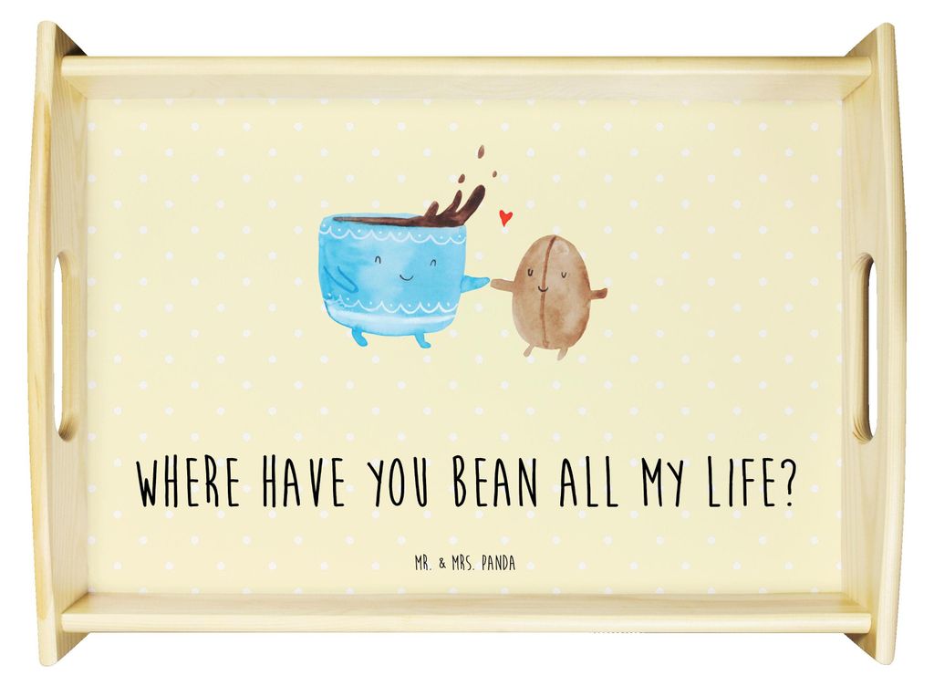 Mr. & Mrs. Panda Tablett Kaffee Bohne - Gelb Pastell - Geschenk, Kaffeebohne, Dekotablett, sofatablett, Sofa, Zufriedenheit, Servier, Genuss, Lusti...