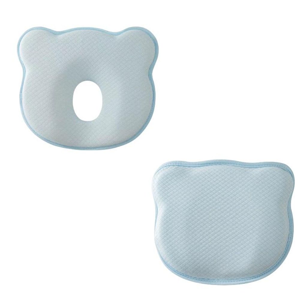 Two baby pillows shaped like bear heads, one with a hole in the center and the other solid, are shown against a white background.