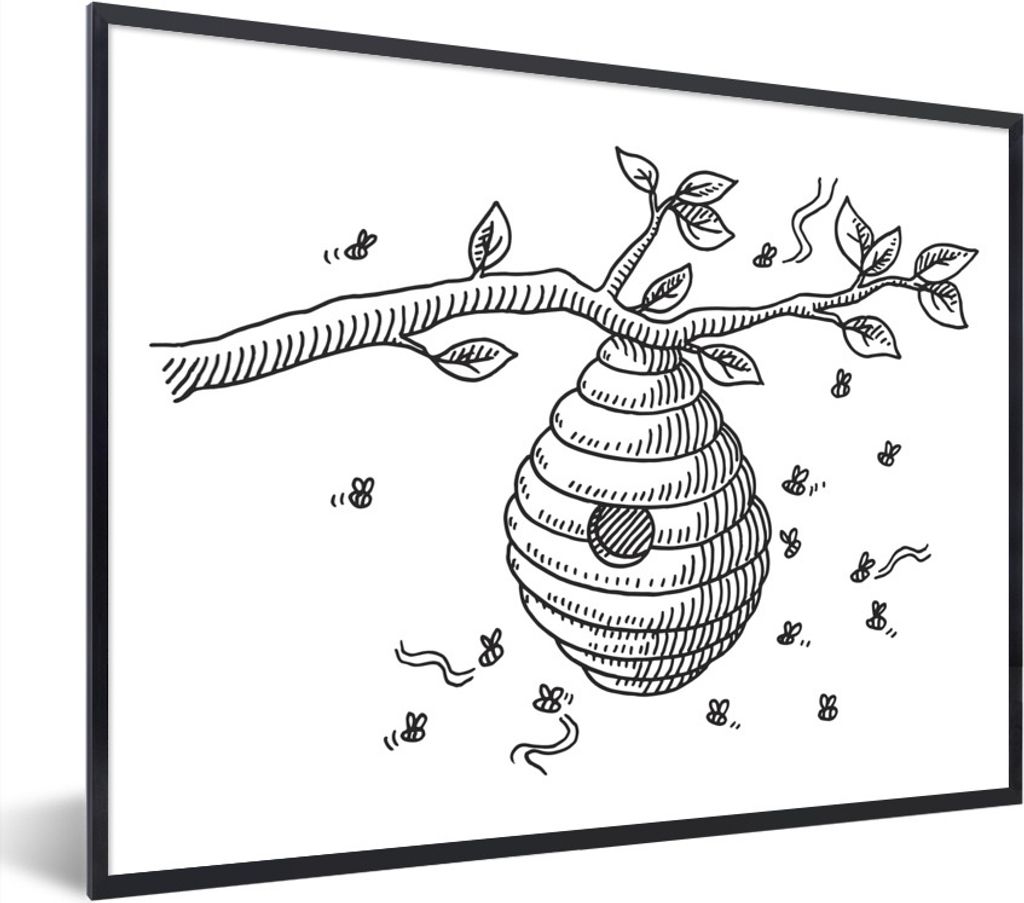 MuchoWow Gerahmtes Poster Eine schwarz-weiße Illustration eines Bienenstocks auf einem Zweig 80x60 cm - Poster mit Schwarzem Bilderrahmen Wandpo...