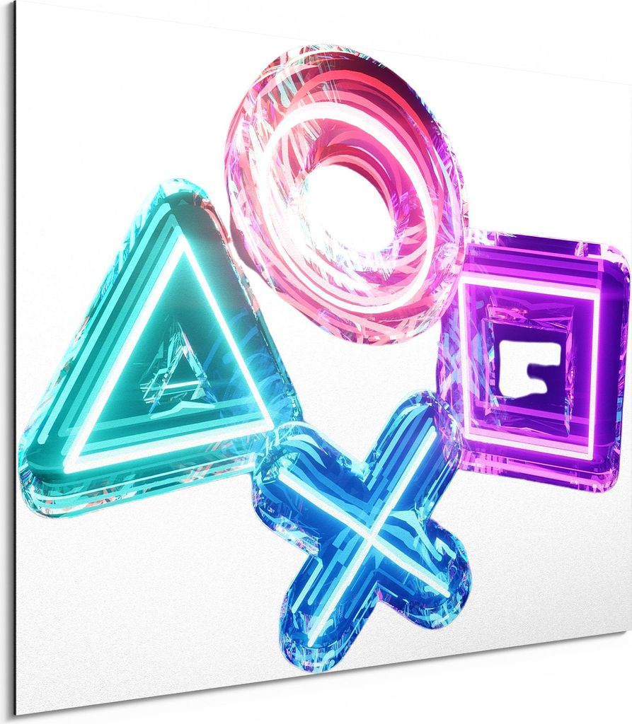 DEQORI Alu-Dibond Bild Weiß 80x60 cm 'Neon Gaming Symbole' Wandbild Metall dünn Design
