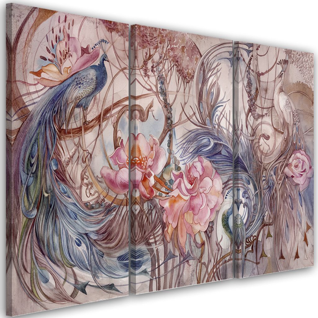 Triptychon auf leinwand magischer pfau 90x60 cm Feeby grau wandbild bereit zum aufhängen