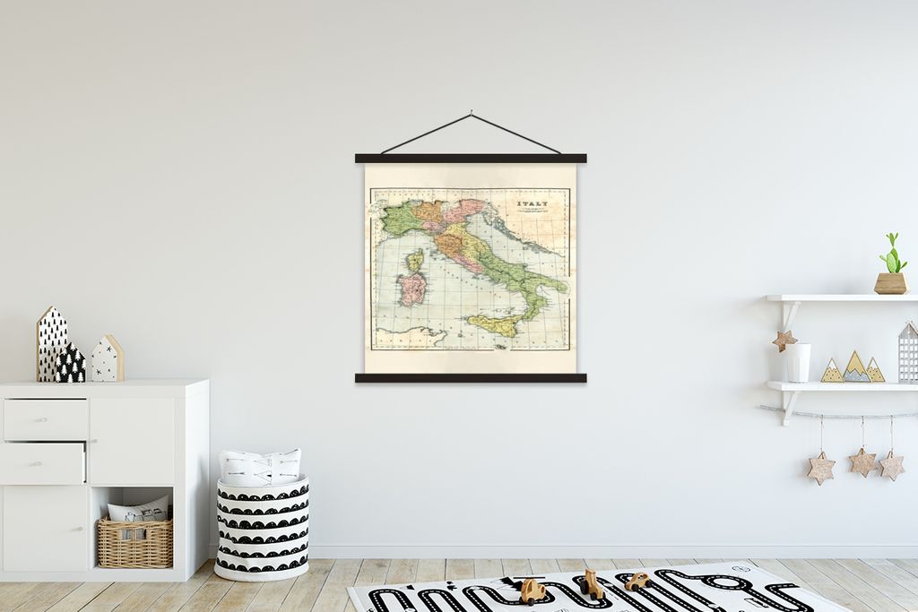 MuchoWow Textilposter Vintage-Karte von Italien 90x90 cm mit schwarzem Rahmen - Magnetisches
