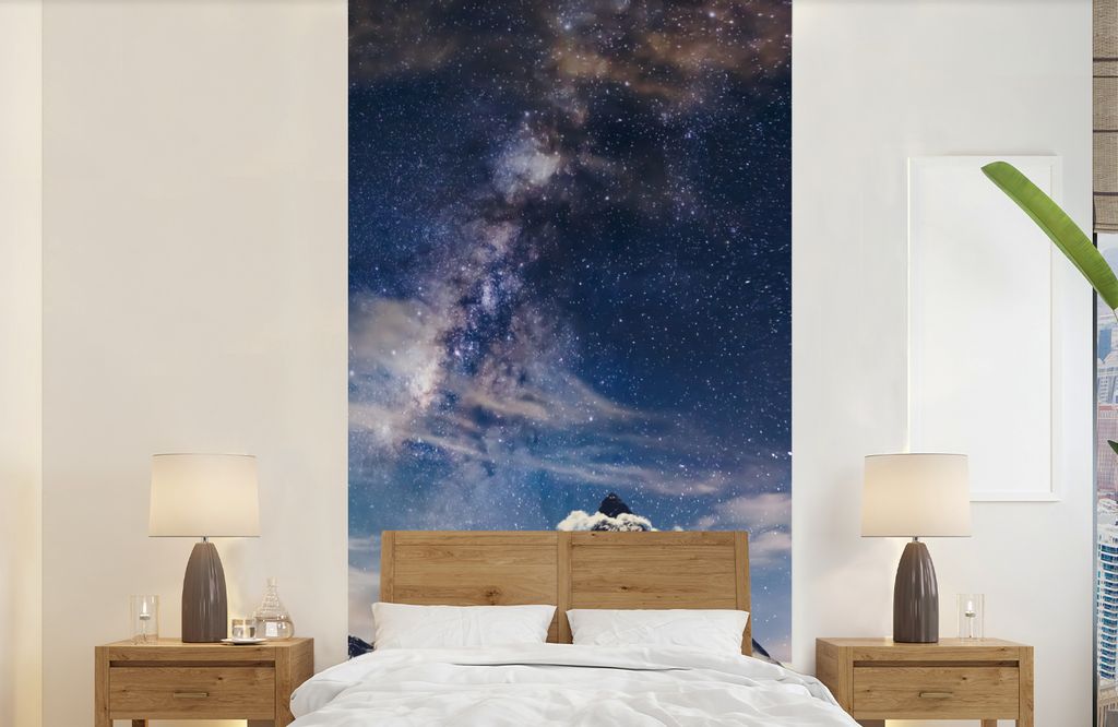 MuchoWow Fototapete für Wohnzimmer oder Schlafzimmer Wandtapete Vinyl Motivtapete Berge - Sterne - Universum - Jungen - Mädchen - Kinder - 120x...