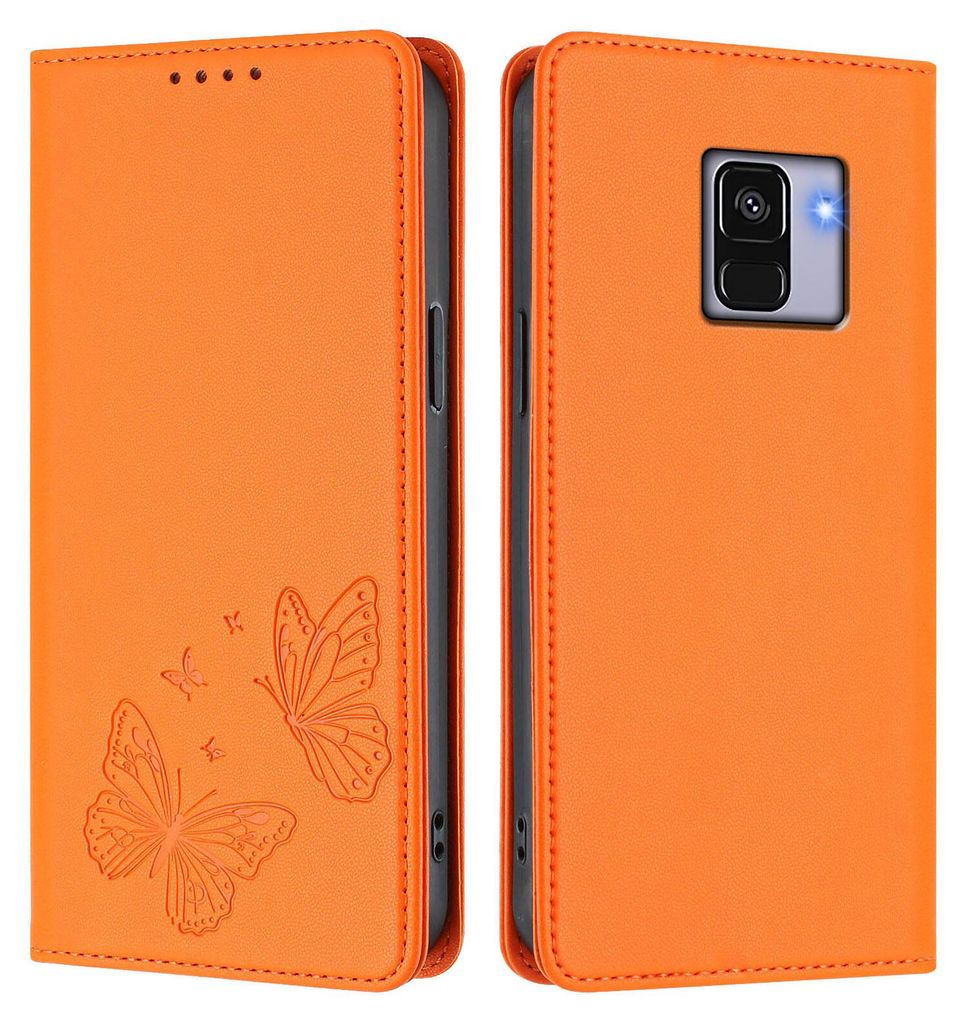 Lederhülle für Samsung Galaxy A8 2018, Schmetterling Prägung Leder Brieftasche Schutzhülle mit Ständer Orange