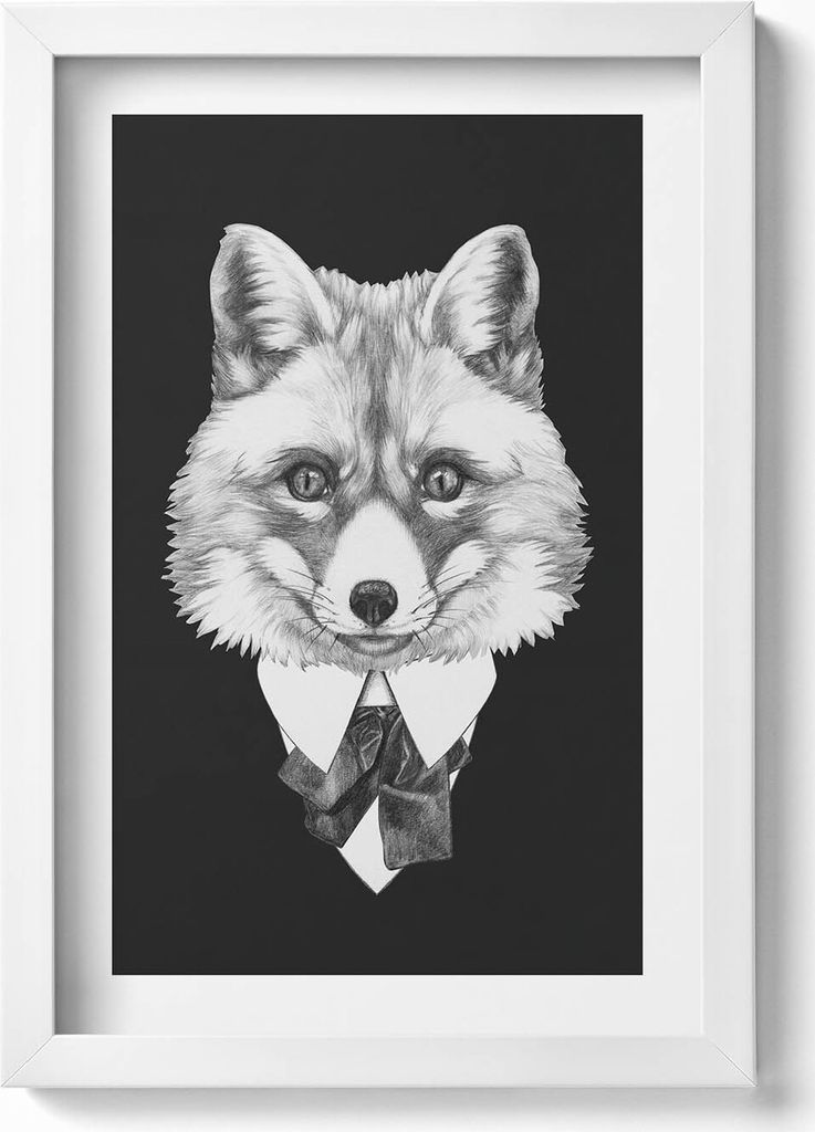 Illustration eines Fuchskopfes– Wandbild mit Rahmen – Gerahmtes Bild – Wanddekoration – 20x30 cm – Weiß