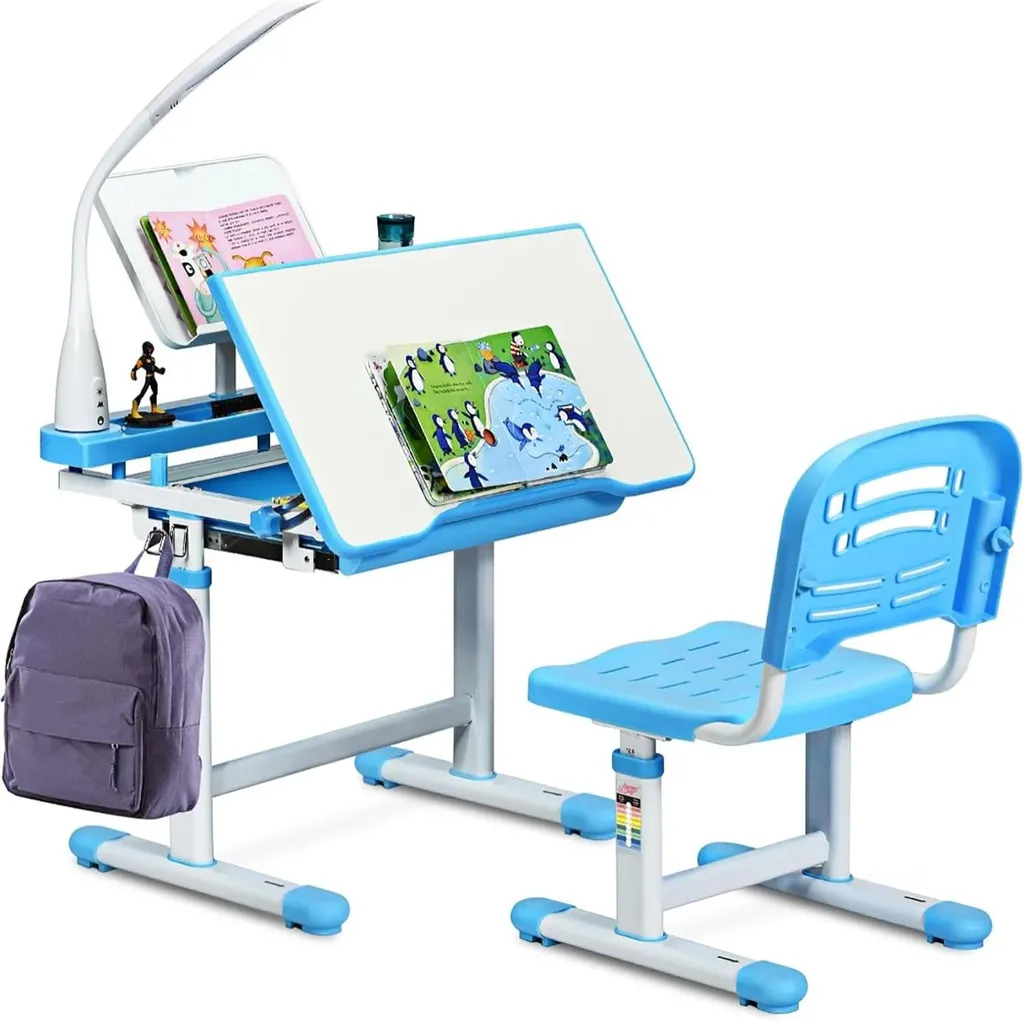 Bureau enfant ergonomique bleu : corrige la posture avec plateau réglable
