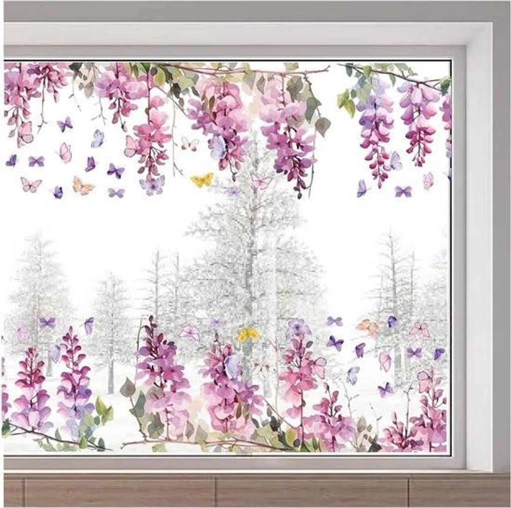 116 x 38 cm große Fensterklammern mit Glyzinienblüten – doppelseitiger floraler Glasaufkleber – Schmetterlings-Fensteraufkleber – nicht kle...