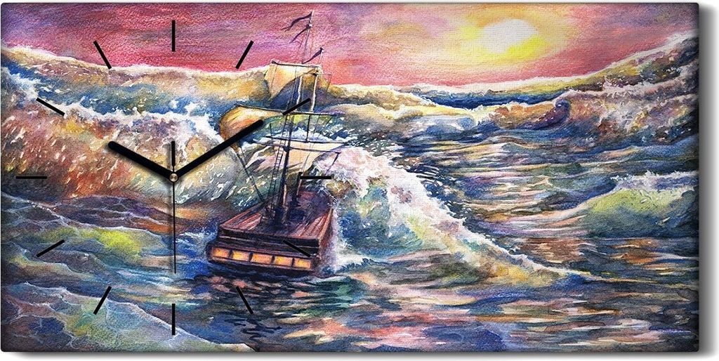 Dekor Leinwand Uhr Wandbilder Quarz 60x30 Wellen Meer Segel Schiff Himmel bunte - schwarze Hände