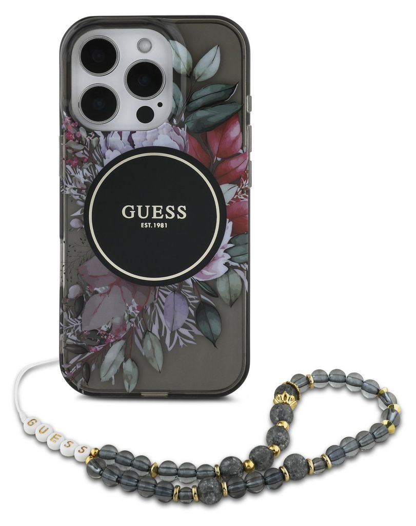 A phone case with a floral design and a beaded strap.