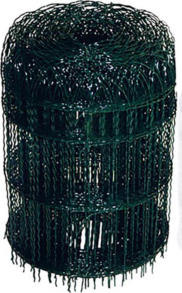 A roll of dark green wire mesh fencing.