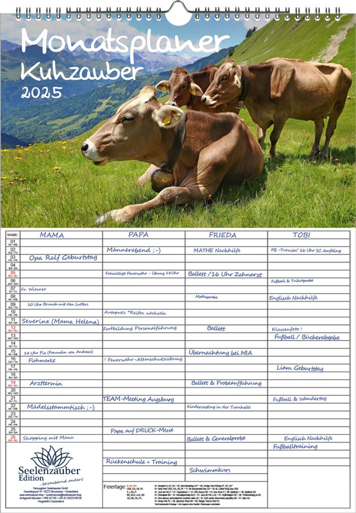 Kuhzauber Planer Wandplaner Familienplaner 4 Spaltenplaner DIN A3 Kalender für 2025 Kuh Kühe Stier Kalb Bauernhof - Seelenzauber