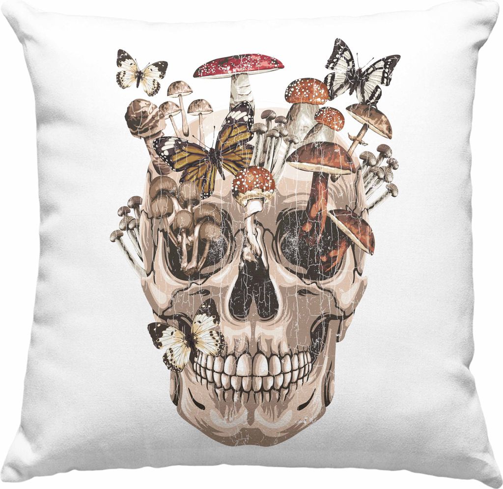 Trendation - Totenkopf Deko-Kissen mit Füllung 40x40 Geschenk Pilzsammler Pilze Frauen Damen Tattoo Geschenkidee (Rosa)