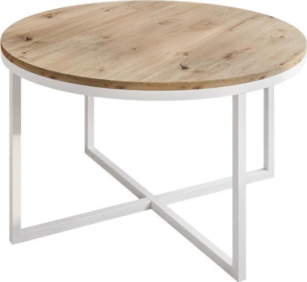 A round coffee table with a wood-look top and white metal legs is shown against a white background.
