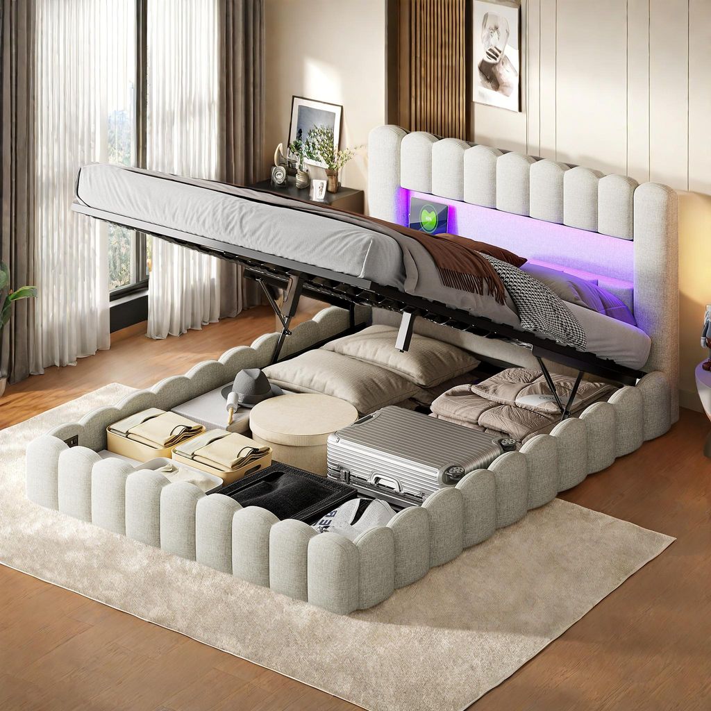 Doppelbettgestell 180 x 200 cm, beige, mit Stauraum, LED-Beleuchtung, Leinenbezug, Kopfteil und Ladestation
