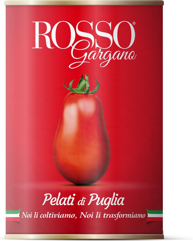 A can of peeled tomatoes with a tomato graphic on a red background.