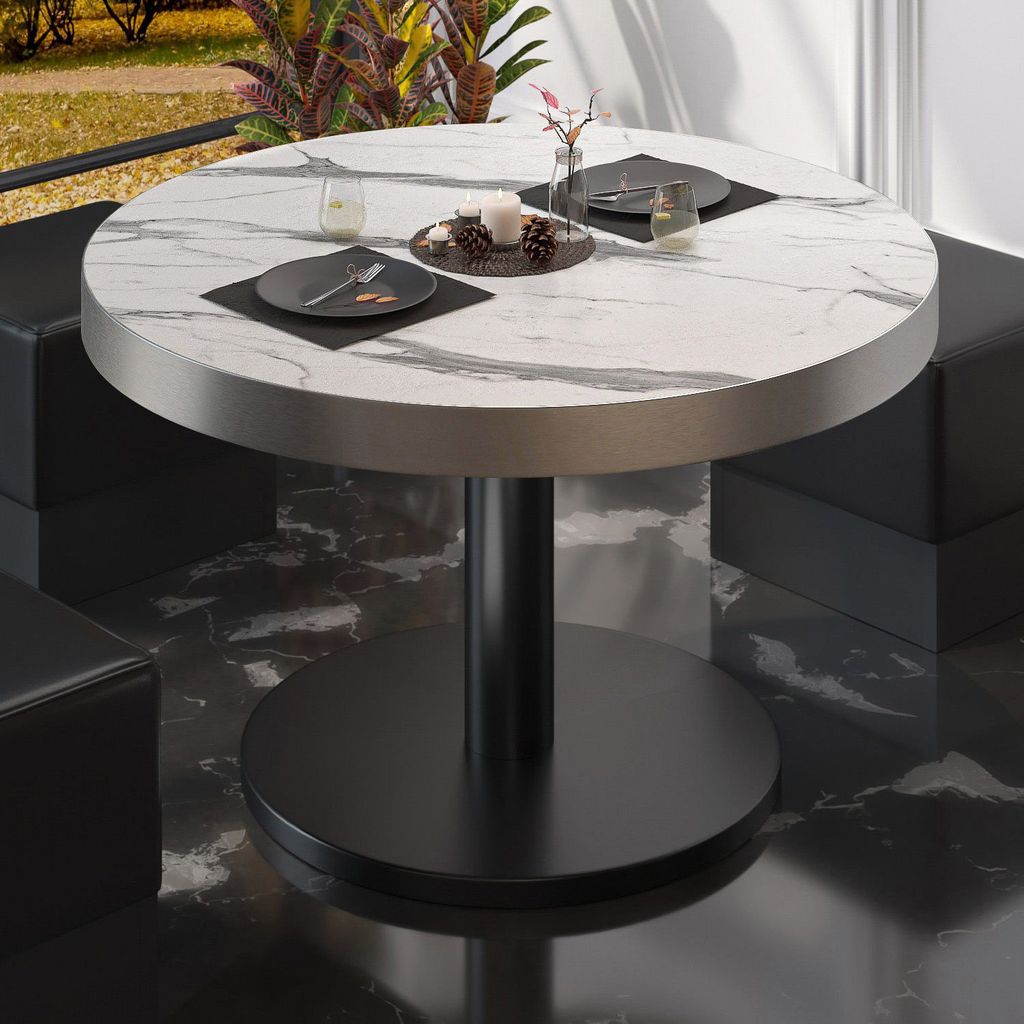 BN | Bistro Loungetisch | Ø:H 60 x 36 cm | Edelstahl Rand | Weiß Marmor / Schwarz | Bistrotisch Loungetisch