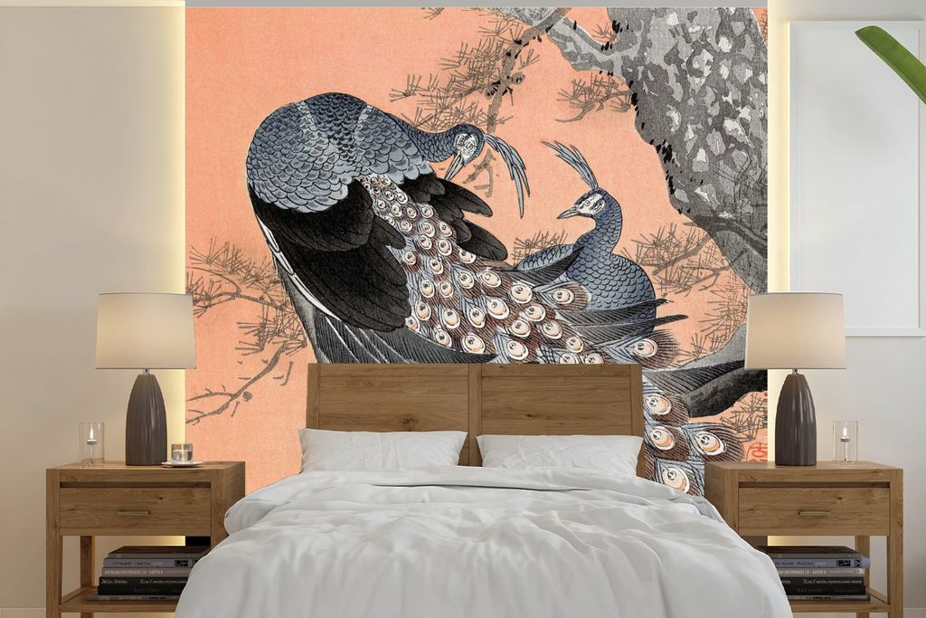 MuchoWow Fototapete für Wohnzimmer oder Schlafzimmer Wandtapete Vinyl Motivtapete Pfau - Vintage - Japanisch - Skandinavisch - Federn - 350x350 ...