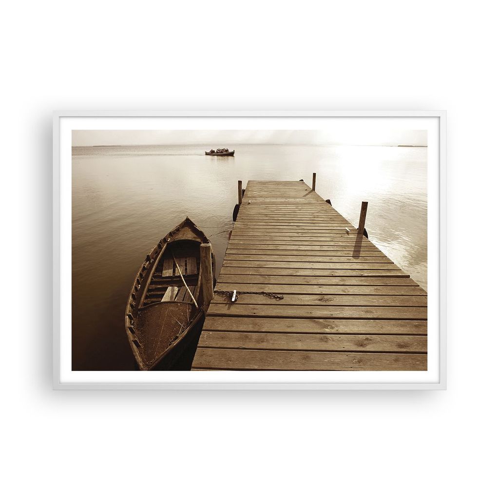 Gerahmtes Poster - Weißer Rahmen - Brücke Boot Sepia - 100x70 cm - Wand Bild - Wanddeko - Wandbilder - Kunstposter - Wandposter - Bilderrahmen - ...
