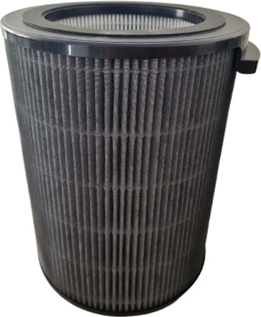 A gray pleated cylindrical air filter with a black top rim, set against a white background.