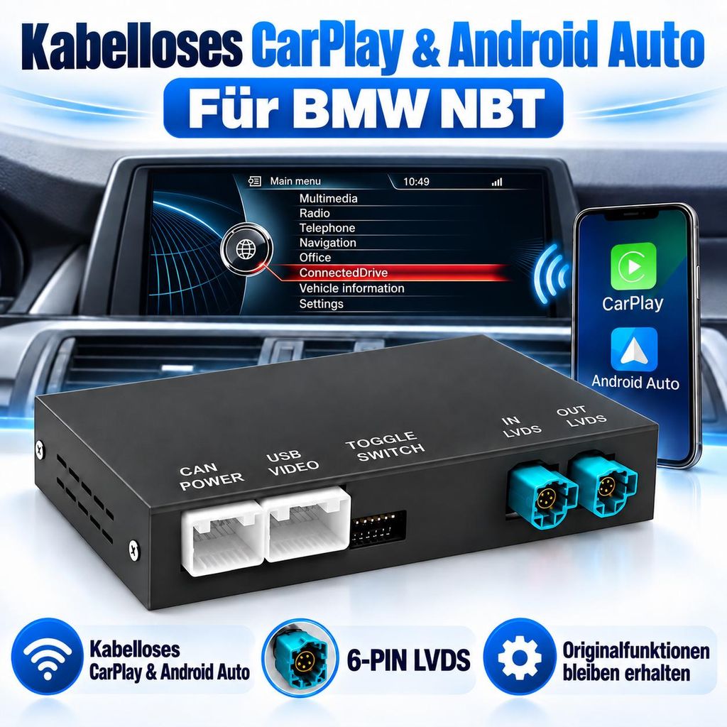 Interfaccia CarPlay e Android Auto wireless per BMW NBT, Immagine del prodotto  Immagine generata dall'IA
