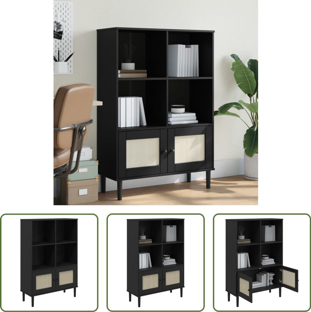 The Living Store Bücherschrank SENJA Rattan-Look Schwarz 90x35x130cm Kiefernholz