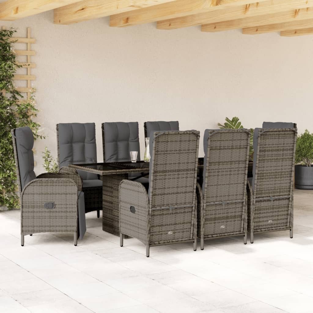 Maison Exclusive - 9-tlg. Garten-Essgruppe mit Kissen Grau Poly Rattan