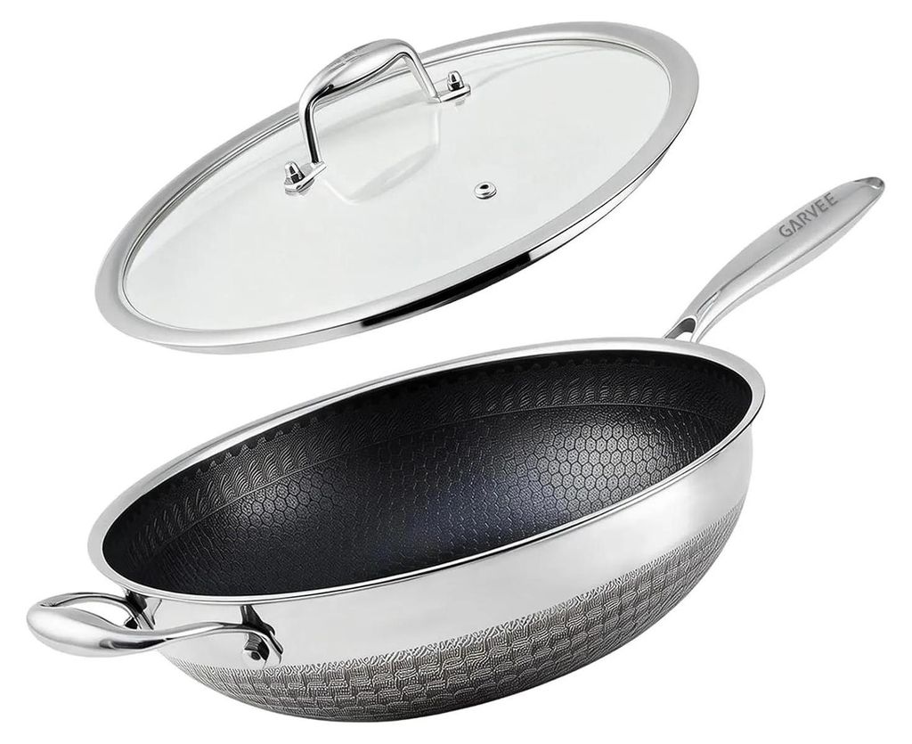 Wok- und Bratpfanne - Edelstahl 316 Tri-Ply - Wabenstruktur Antihaft - Durchmesser 33 cm, 4–5 l - Für Gas & Induktion - Mit Deckel