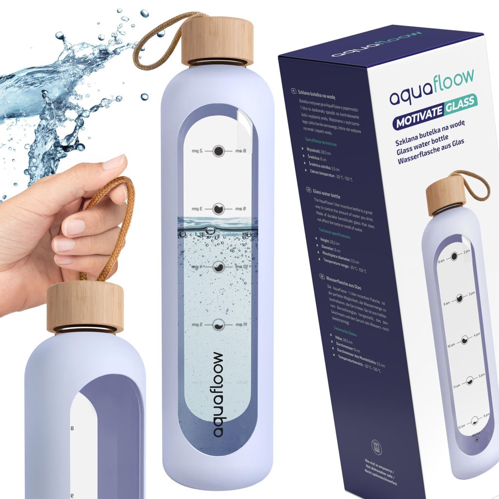 A collage showing a glass water bottle with a silicone sleeve and bamboo lid, a hand holding the bottle, and the product packaging.