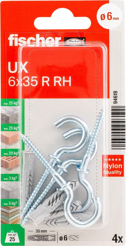 Fischer 94619, Schraubhaken & Dübelsatz, Mauerziegel, Beton, Gipskarton, Nylon, Grau, CE, 6 mm