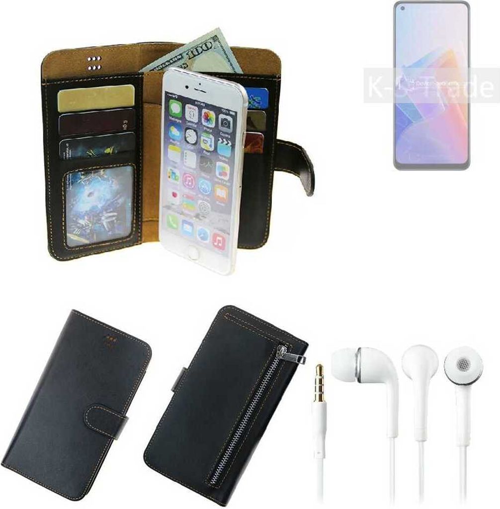 TOP SET Handy Hülle Schutz Hülle kompatibel mit Oppo Reno7 Lite 5G schwarz aus Kunstleder + Kopfhörer Smartphone Tasche vollwertige Geldbörse