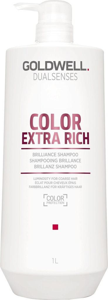 A white bottle of Goldwell Dualsenses Color Extra Rich Brilliance Shampoo with a pump dispenser.