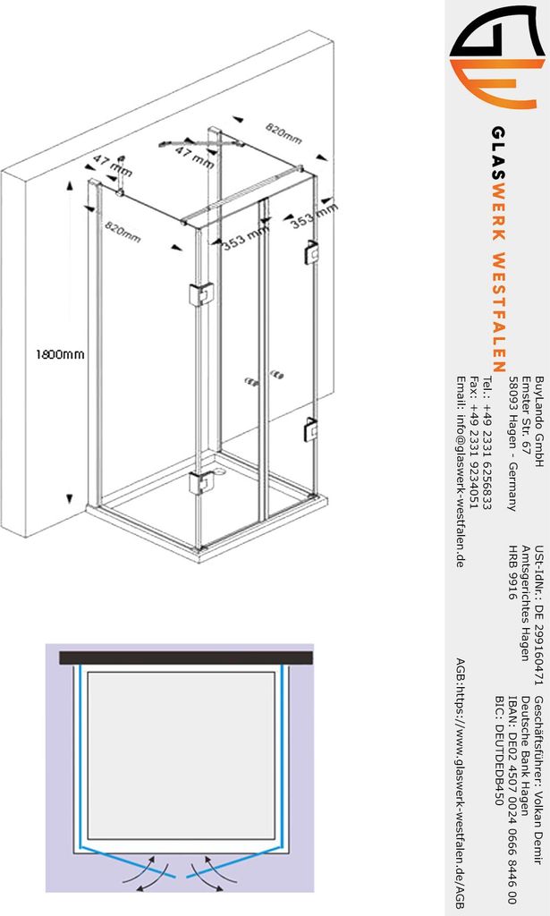Glaswerk Westfalen- Emma 90x80x90x180cm U Duschkabine