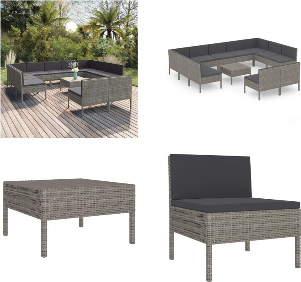 vidaXL 12 tlg. Garten Lounge Set mit Auflagen Poly Rattan Grau - Garten-Sofagarnitur - Garten-Sofagarnituren - Gartensofa-Set - Gartensofa-Sets