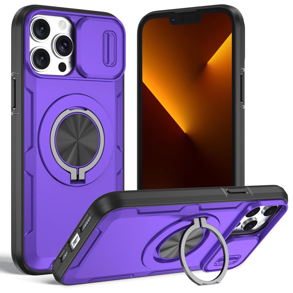 Magnetische Hülle für iPhone 13 Pro, Militär Stoßfest Handyhülle mit Kameraschutz und Ringhalter Ständer Lila